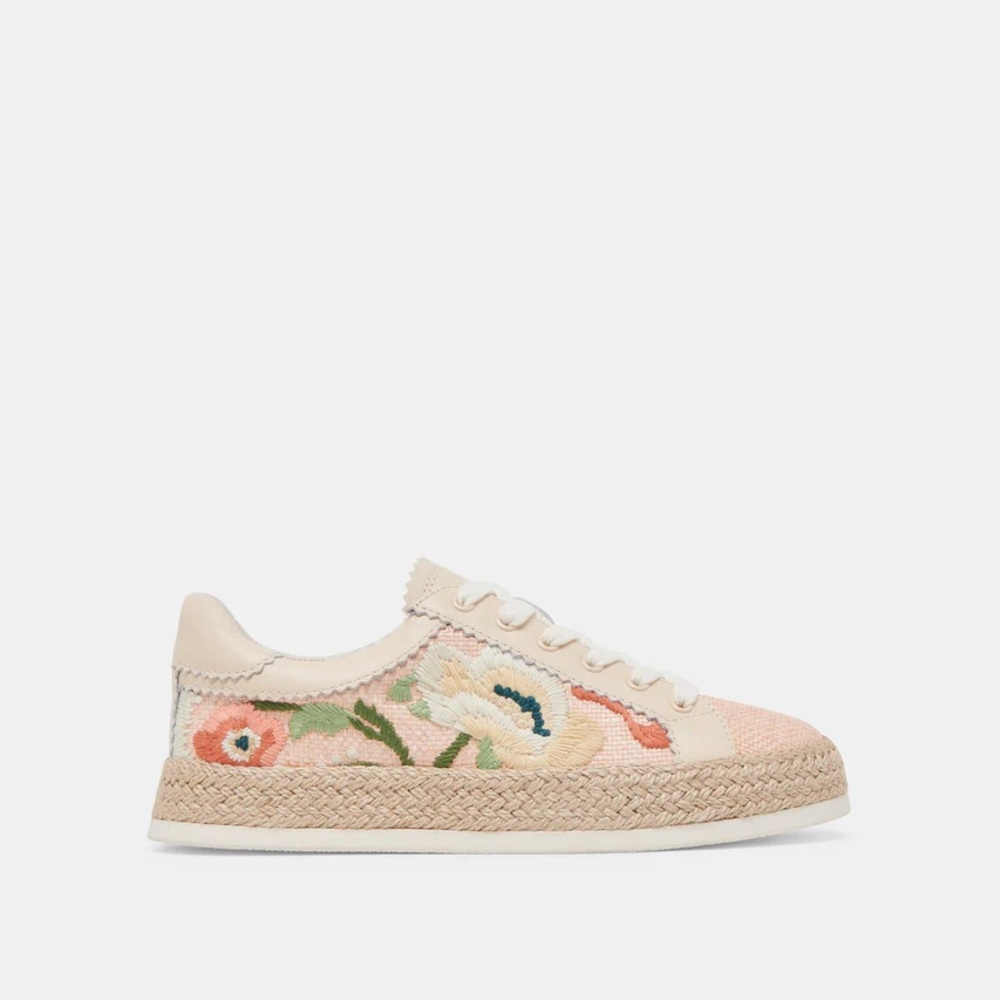 Dolce Vita Azalia Sneakers Pink Raffia Floral Embroidered Fashion Sneaker 6 NWT